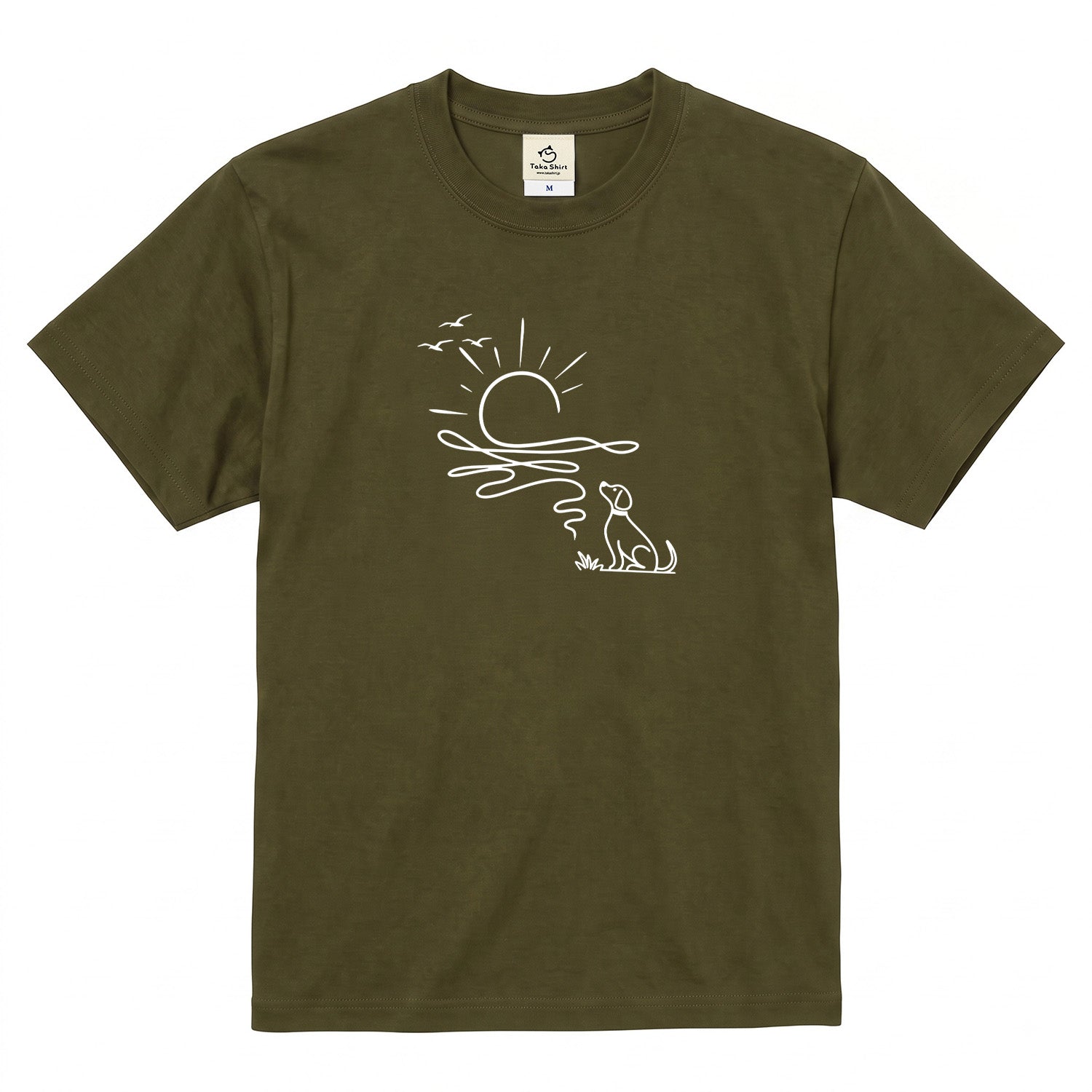 朝日と犬の線画 犬Tシャツ | アウトドア・犬好きに人気